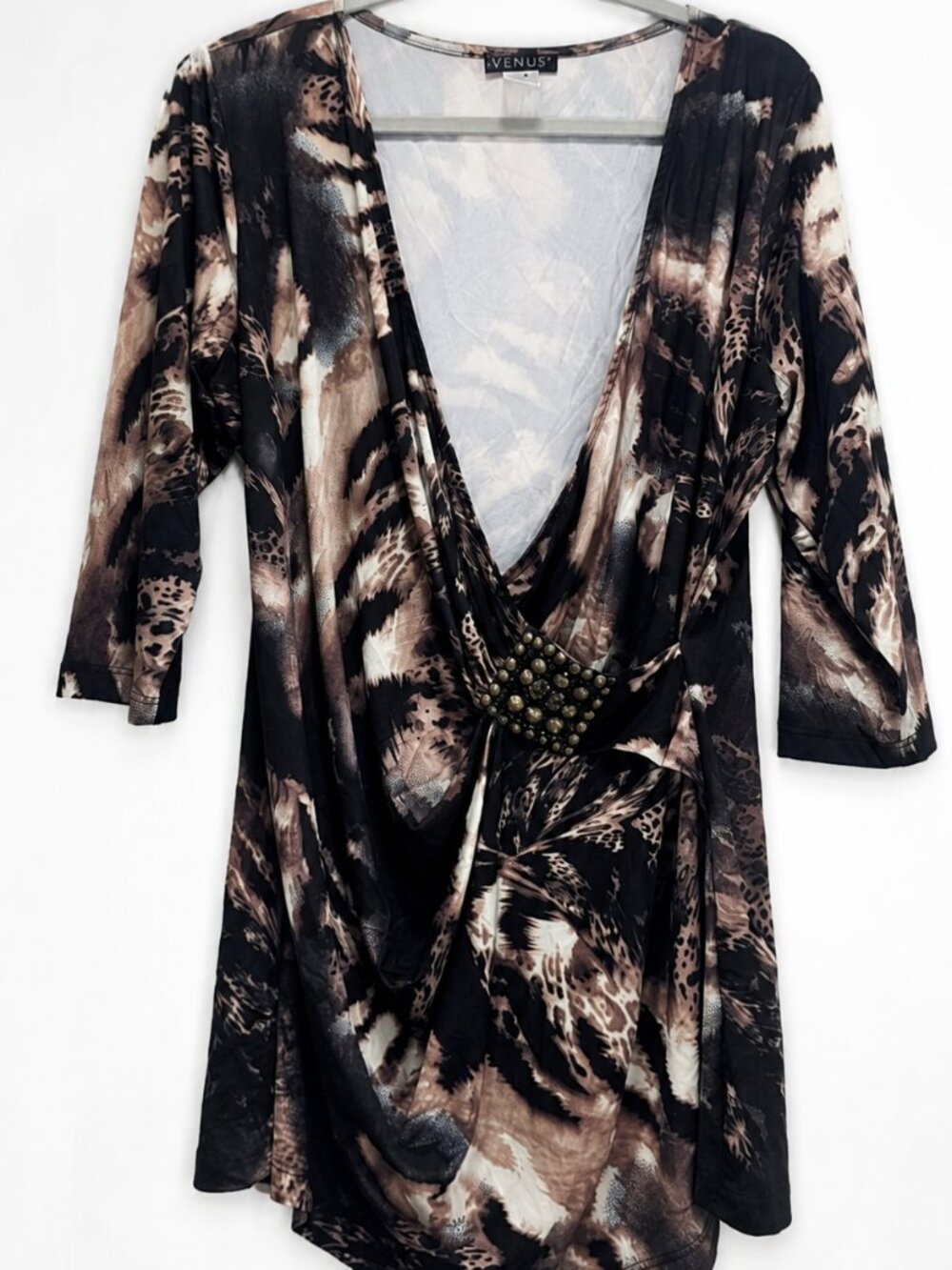 VENUS Women's XL Animal Print Faux Wrap Blouse 3/4 Sleeve Embellished Asym Hem